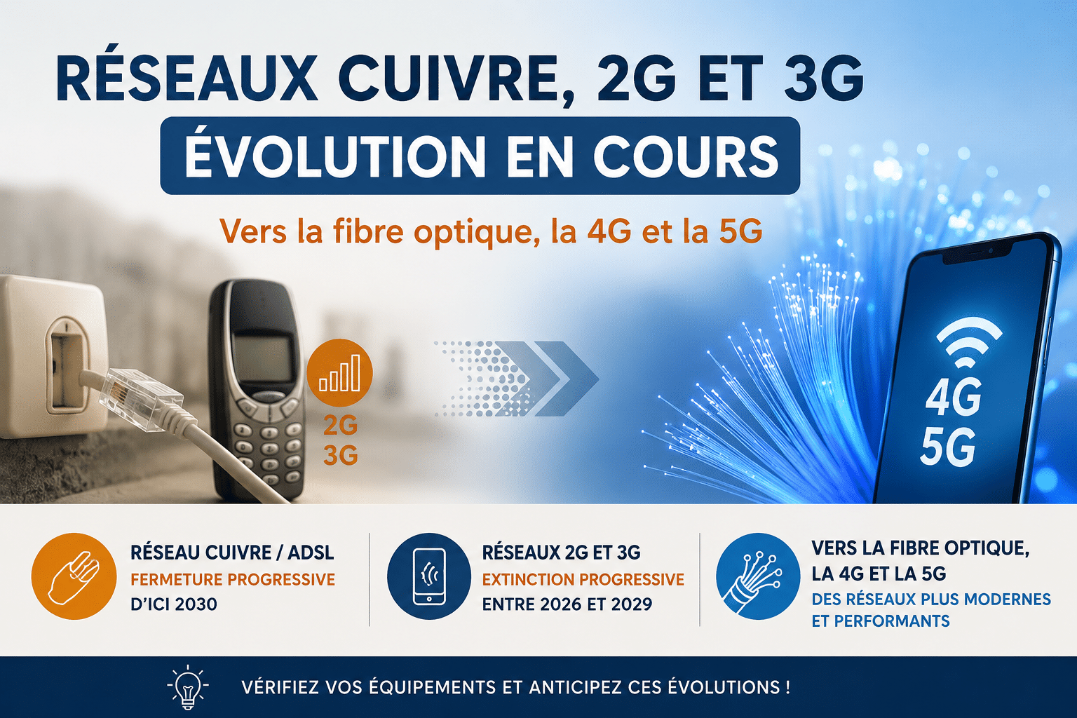 Fermeture progressive des réseaux cuivre, 2G et 3G - évolution vers la fibre optique, la 4G et la 5G