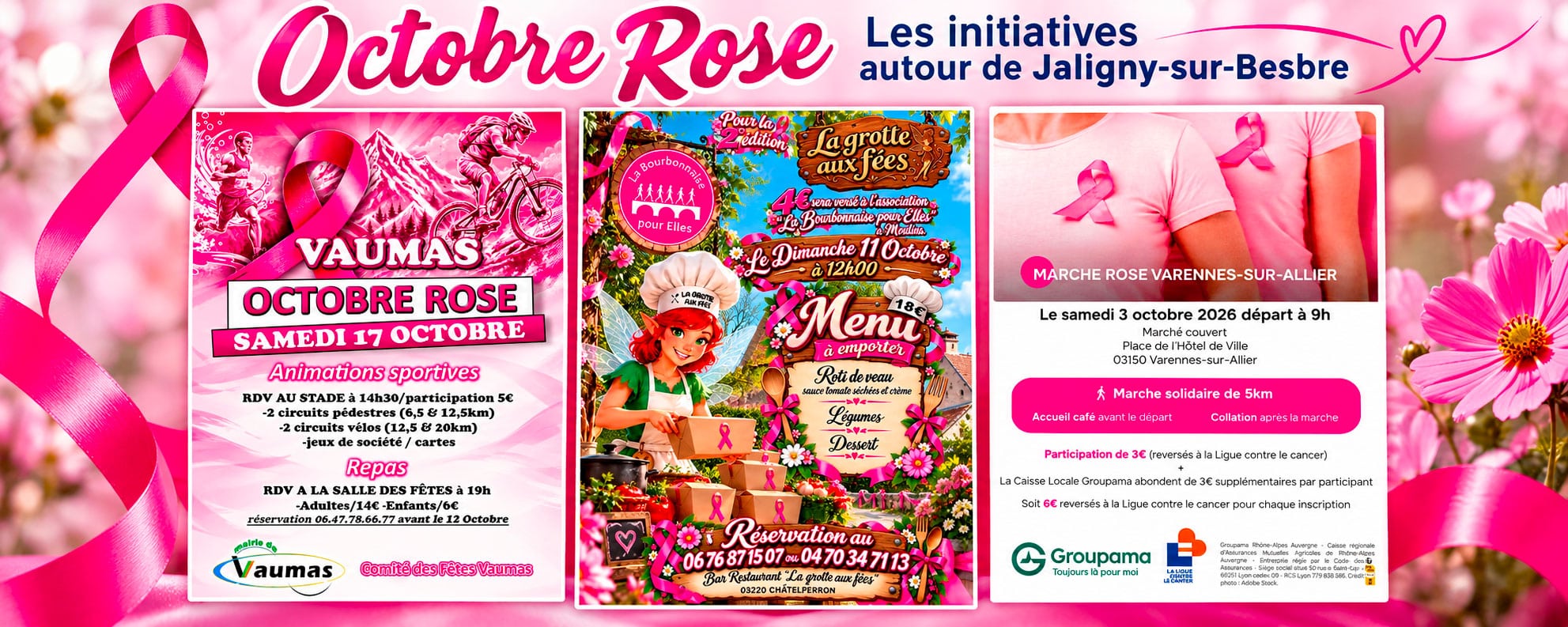 Octobre Rose : les initiatives autour de Jaligny-sur-Besbre, avec les affiches de Vaumas, Châtelperron et Varennes-sur-Allier.