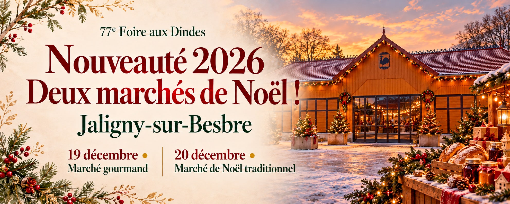 Nouveauté 2026 à la Foire aux Dindes de Jaligny-sur-Besbre : un marché gourmand le samedi 19 décembre complète les rendez-vous du mercredi 16 et du dimanche 20 décembre.